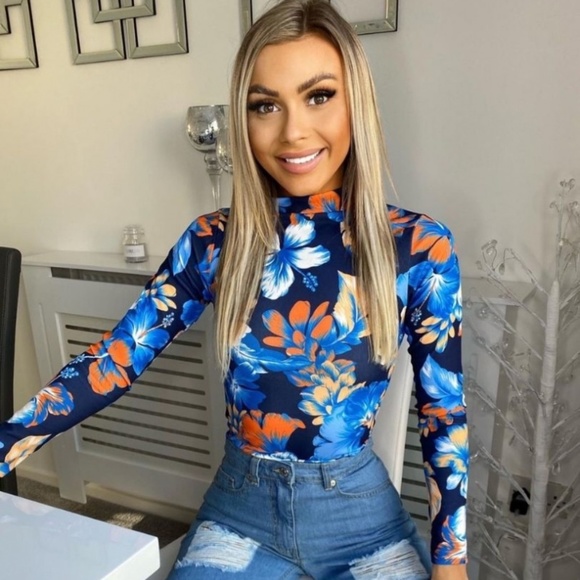 Tops - Flower Print Turtle Neck Long Sleeve Bodysuit